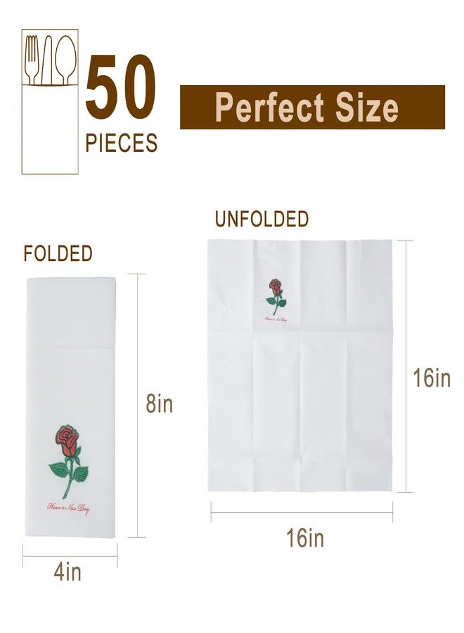 JOWLOT 50 Count Linen Feel Disposable Dinner Napkins with Built-in Flatware Pocket, Cloth Like Napkins for Weddings Party Bathroom, Rose Floral Prefolded Napkins for Silverware, 16 X 16 Inch - Image 2
